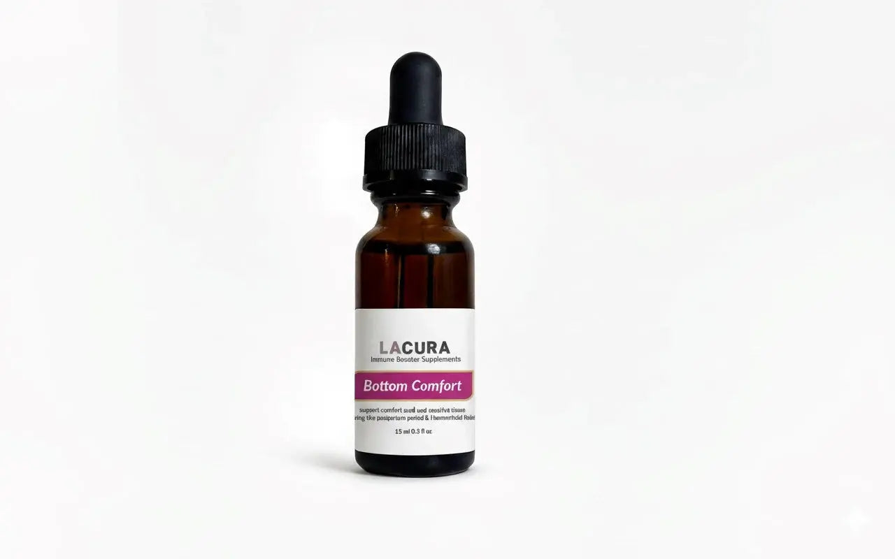 Brown glass bottle with dropper labeled 'Lacura' on a white background