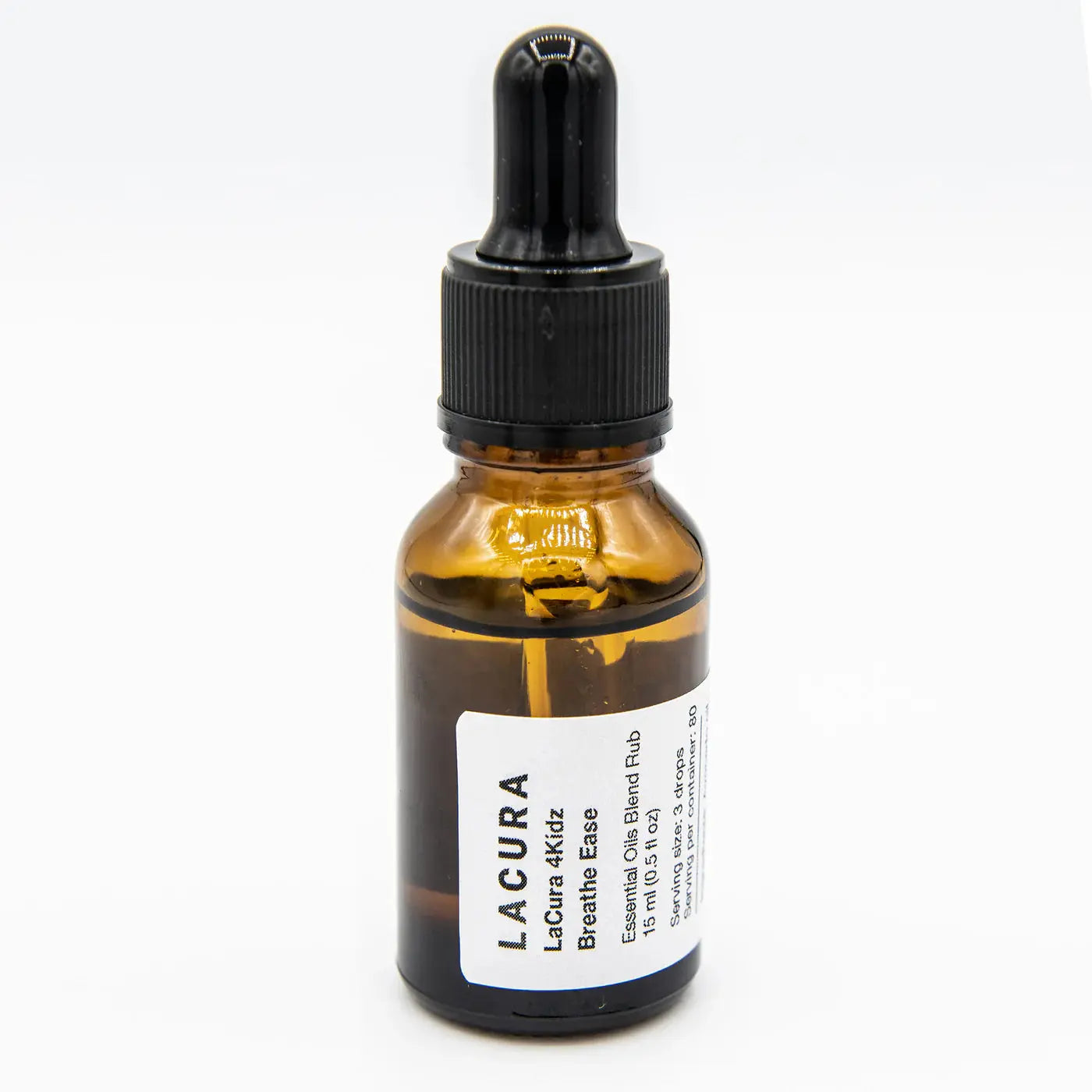 Brown glass bottle with black dropper labeled 'Lacura' on a white background