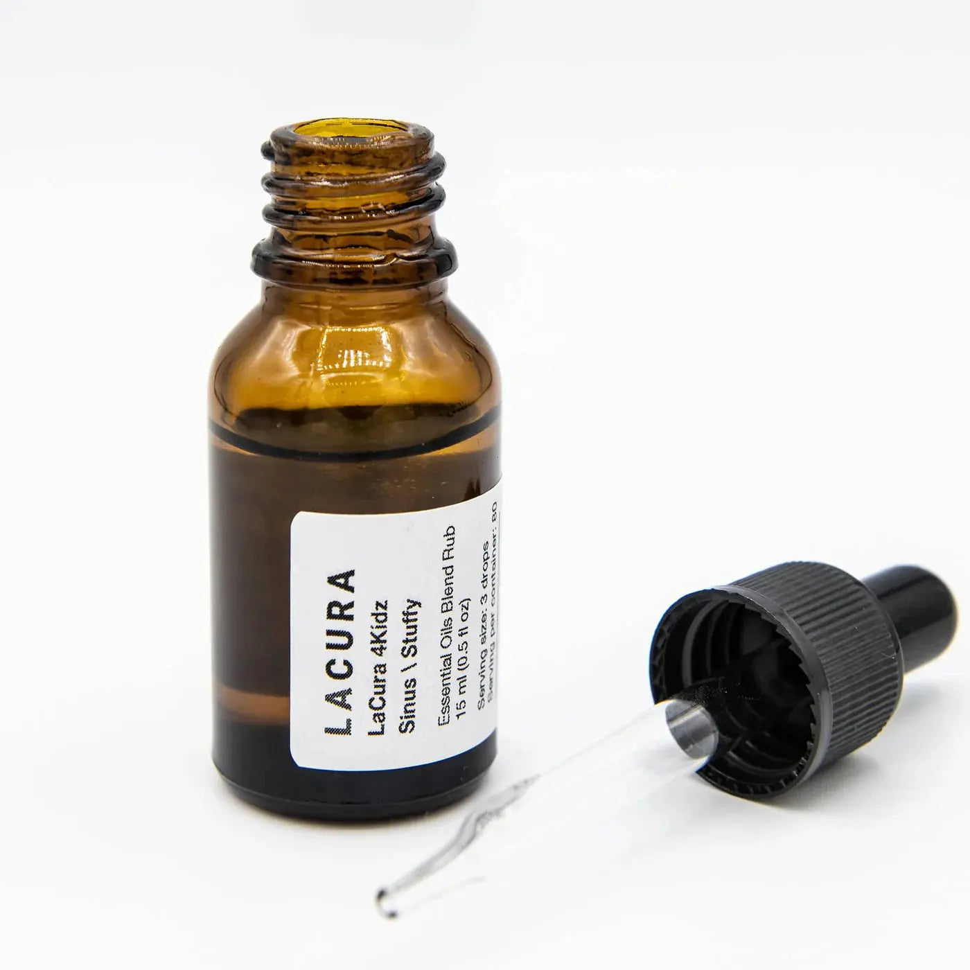 Brown glass bottle with dropper labeled 'Lacura' on a white background