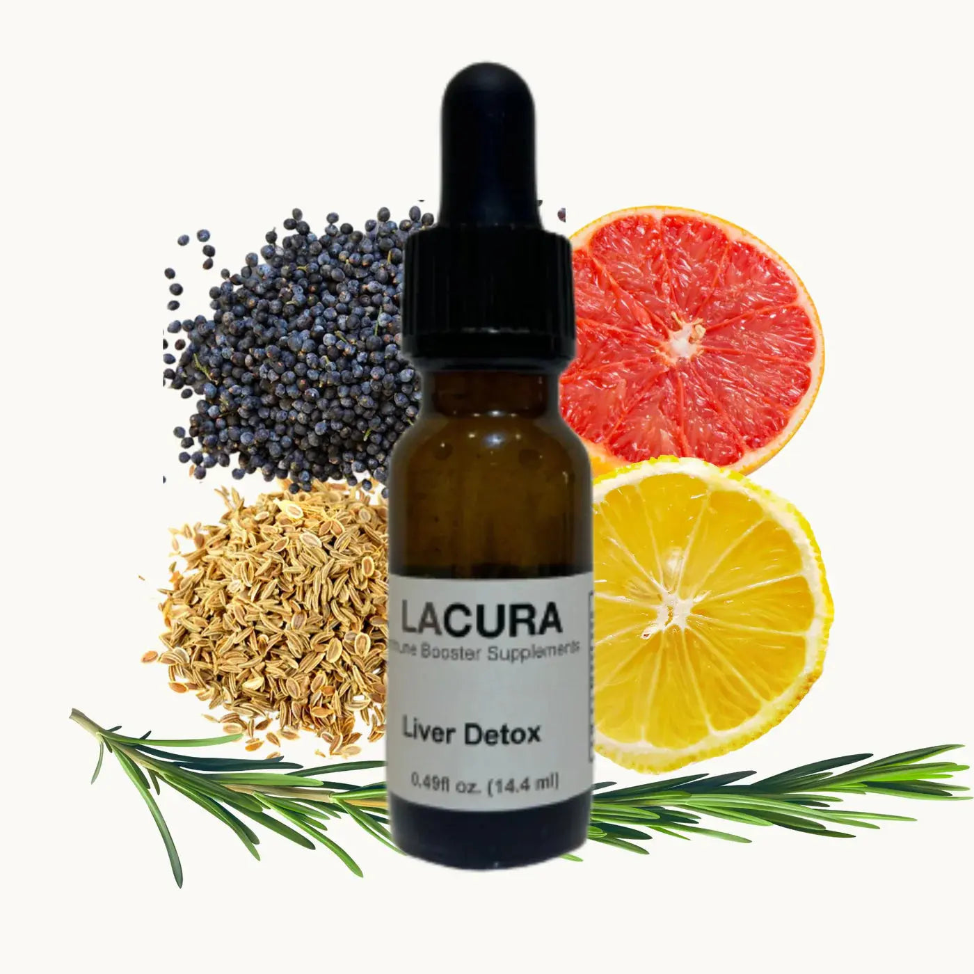 Bottle of Lacura Liver Detox supplement with herbs and fruits on a white background