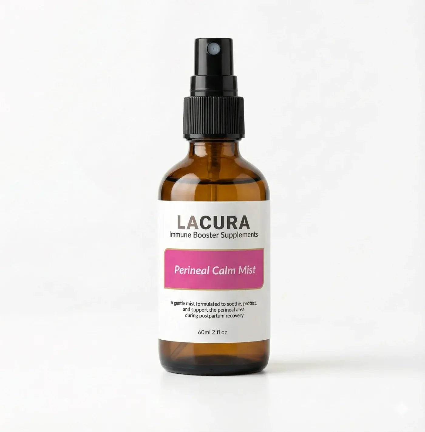 Brown spray bottle labeled 'Lacura' on a white background