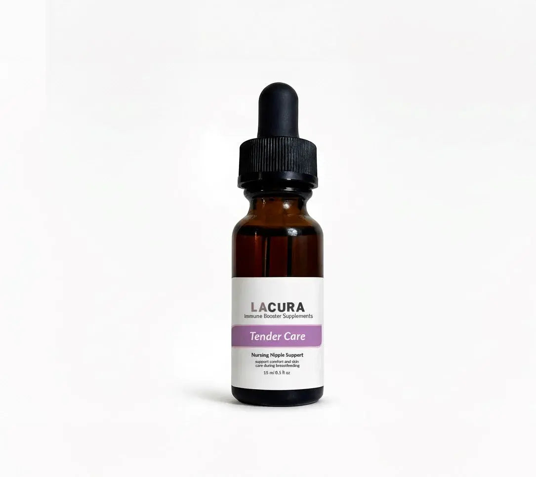 Bottle of Lacura Tender Care supplement with dropper on a white background