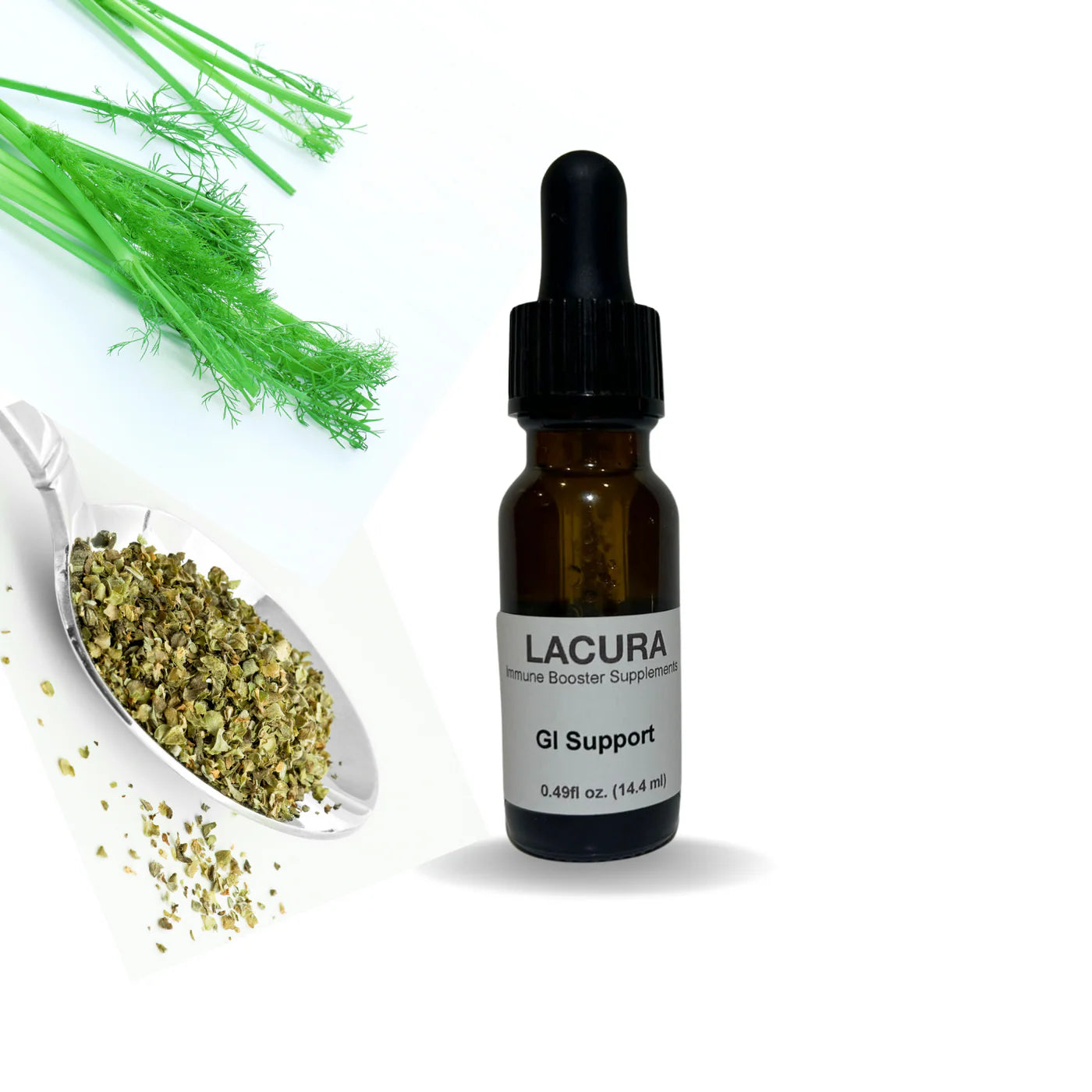 Bottle of Lacura supplement with dill and dried herbs on a white background