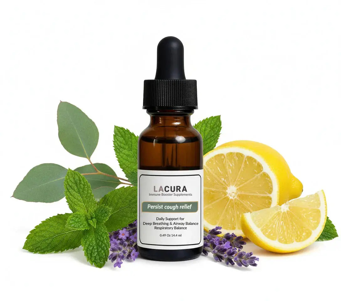 Bottle of Lacura persist cough relief with lemons, mint, and lavender on a white background
