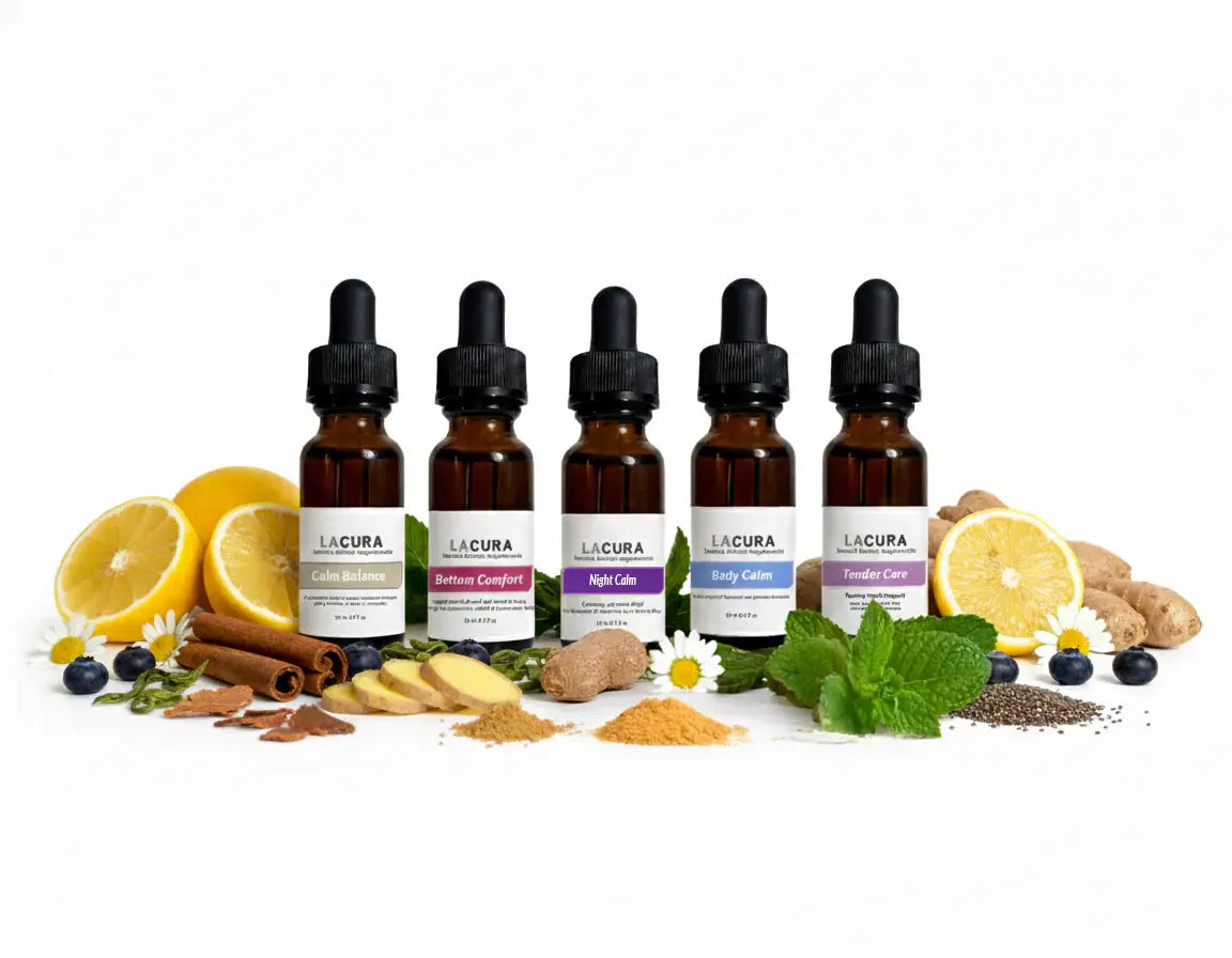 Five Lacura tincture bottles with various ingredients on a white background