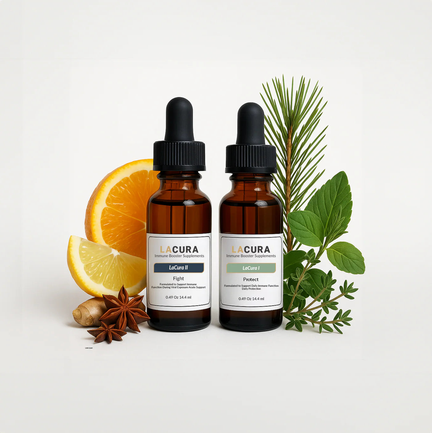 Two bottles of LaCura supplements with herbs and citrus on a white background