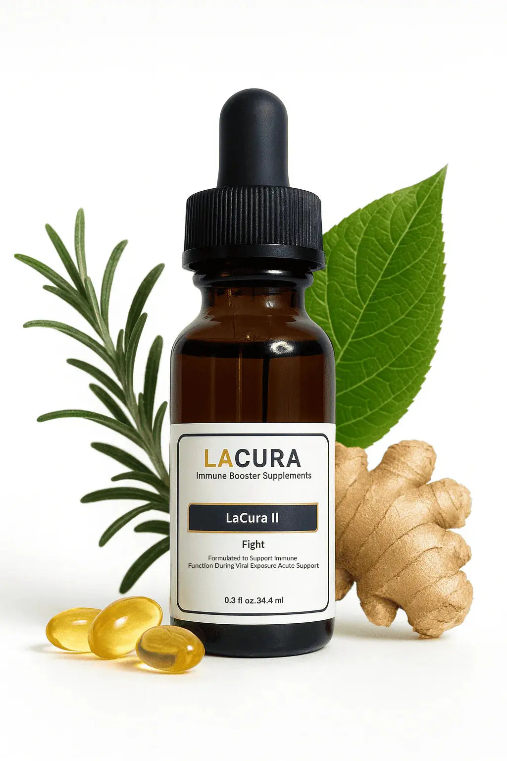 Bottle of LaCura supplements with leaves and ginger on a white background
