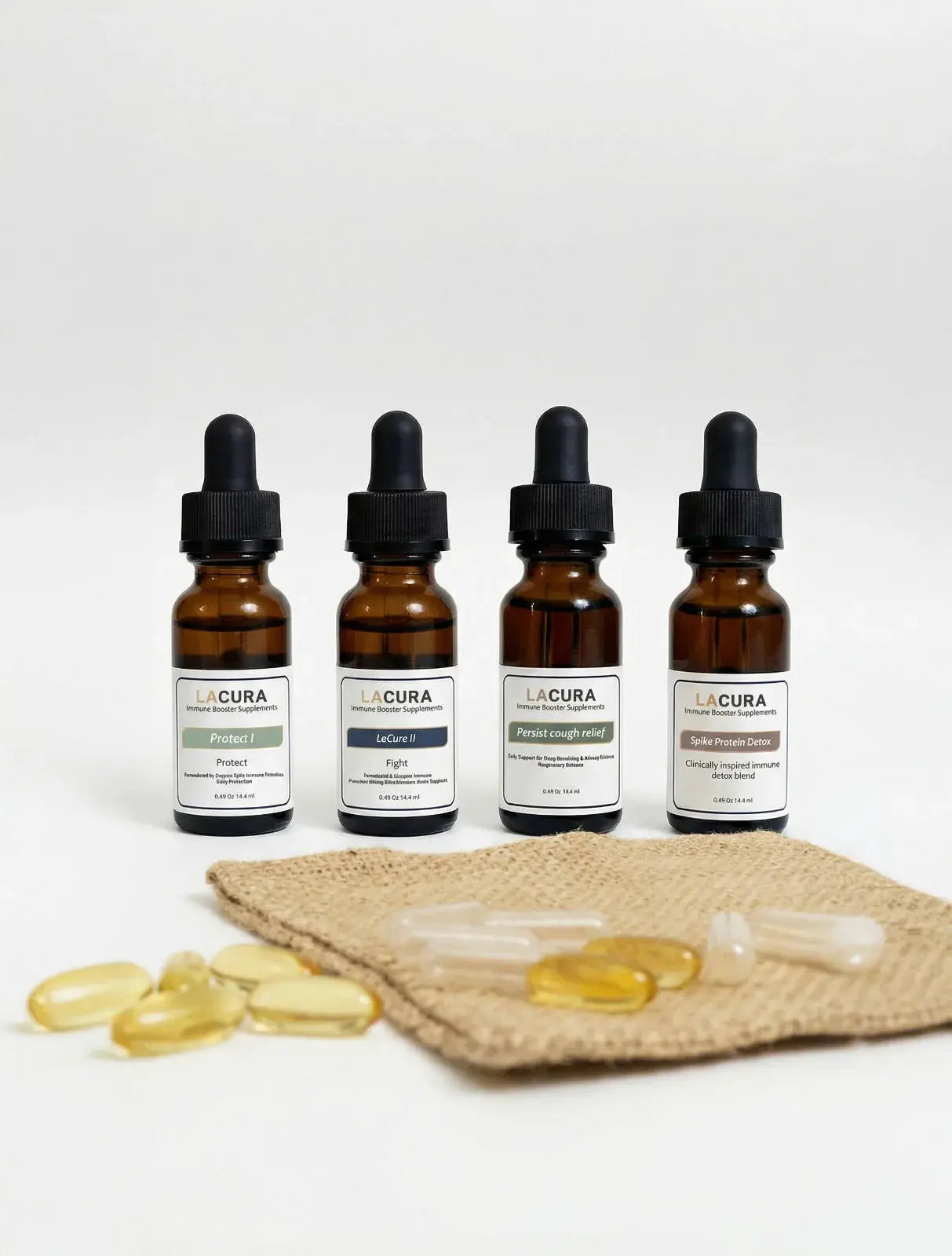 Four bottles of LACURA supplements on a white background with a woven mat and capsules.