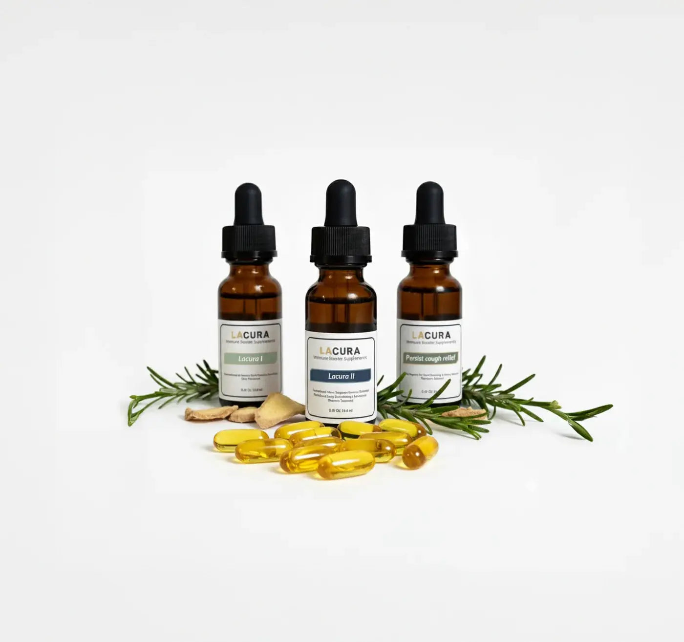 Three LACURA dropper bottles with capsules and rosemary on a white background