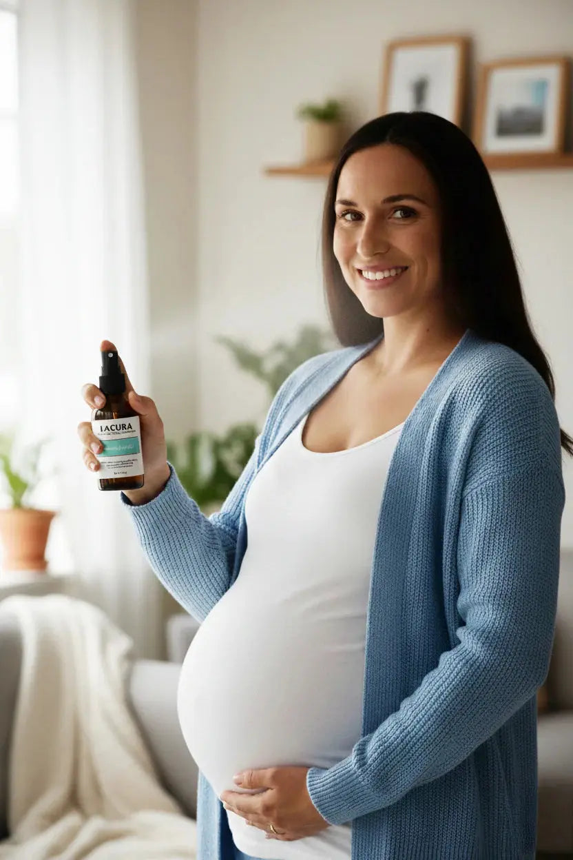 Pregnant woman holding a bottle of ZENA in a home setting