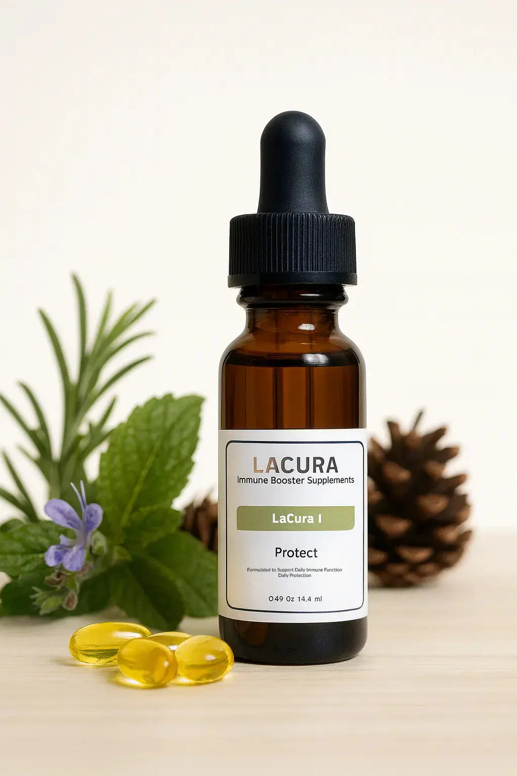 Brown bottle with dropper labeled 'Lacura' on a light background with greenery.