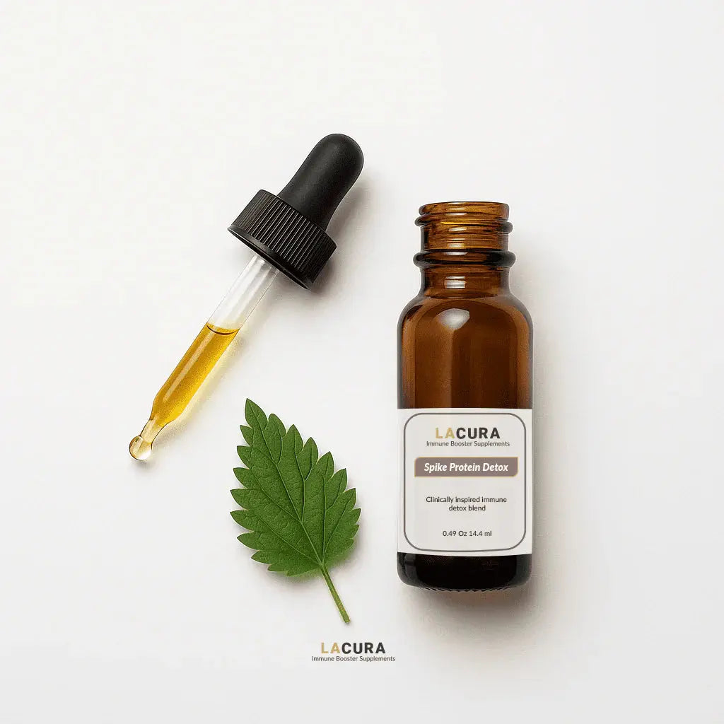 Brown bottle with dropper and leaf on a white background, featuring LACURA brand.